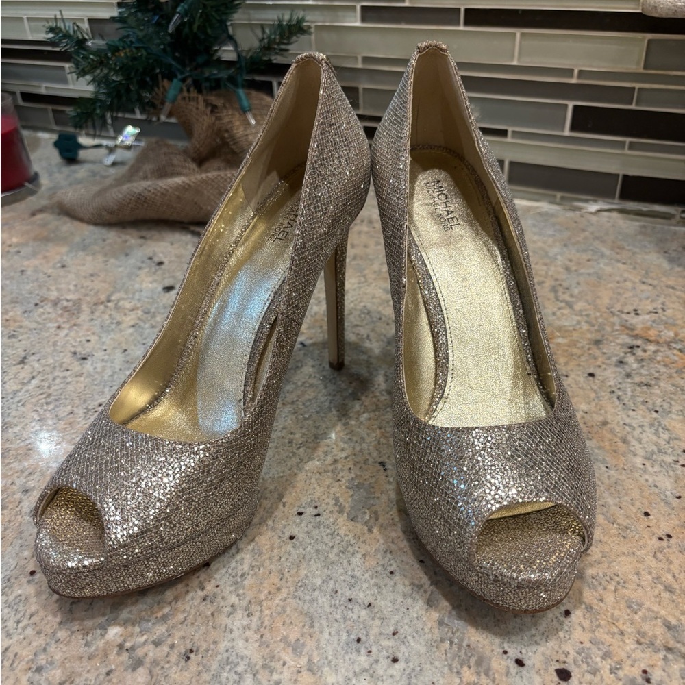 Michael Kors Glittering Silver Peep Toe Heels